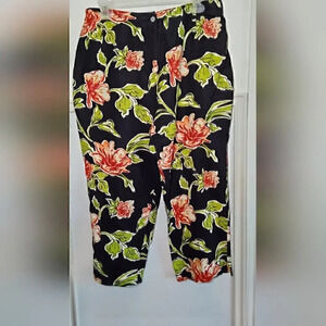 Yi Lin Women's Size M Linen Blend Black Floral Pants
